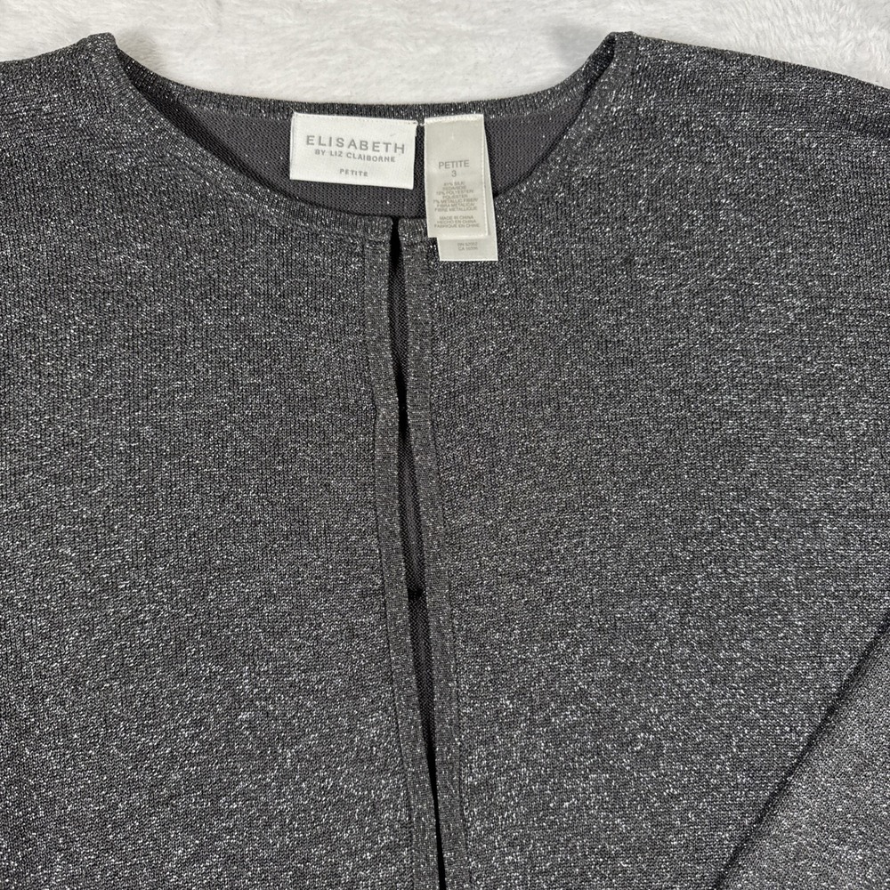 Elisabeth Liz Claiborne Petite 3 Silver Metallic Silk Cardigan Hook Front